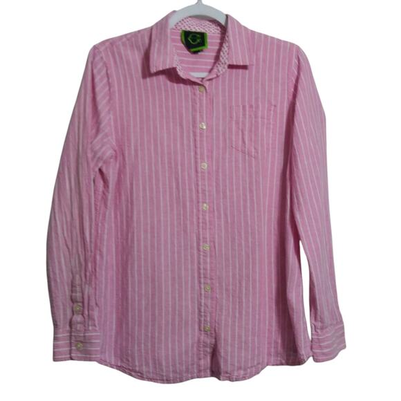 C Wonder Casual Pink Striped Button-Up Cotton Linen Spring Shirt Size L - Picture 1 of 6